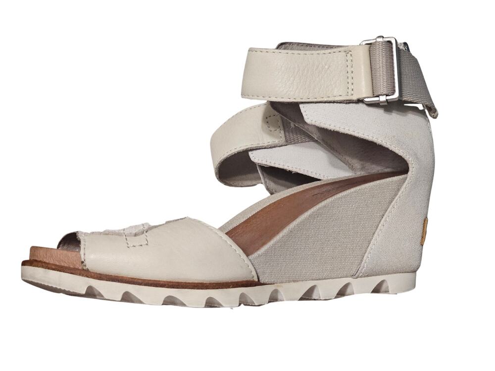 Cream Sorel Joanie Sandal Leather Wedge Heels Ankle Strap Open Toe Size 6.5